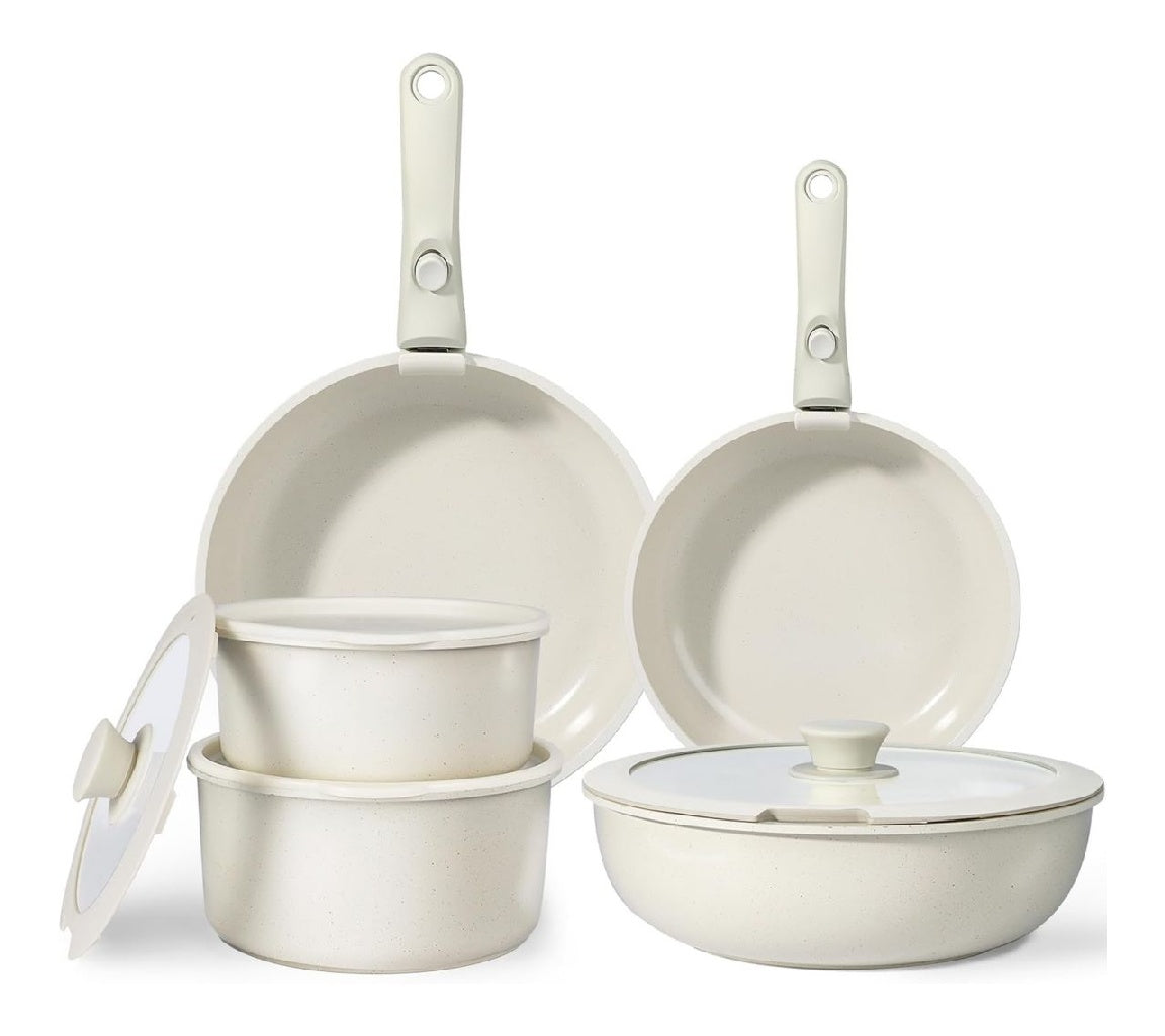 PCS GiPP 11 Set Poele et Casserole Induction Antiadhesive en Granit Blanc Batterie du Cuisine Tout Feux Inclure Poele Casserole et Wok Poignee Amovible pour Camping Compatible Lavevaisselle/Fours
